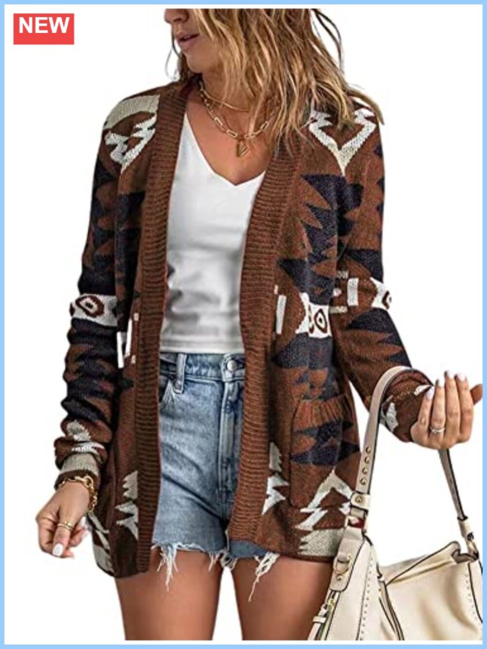 Tribal Aztec Print Open Front Knitted Jacquard Cardigan Sweater